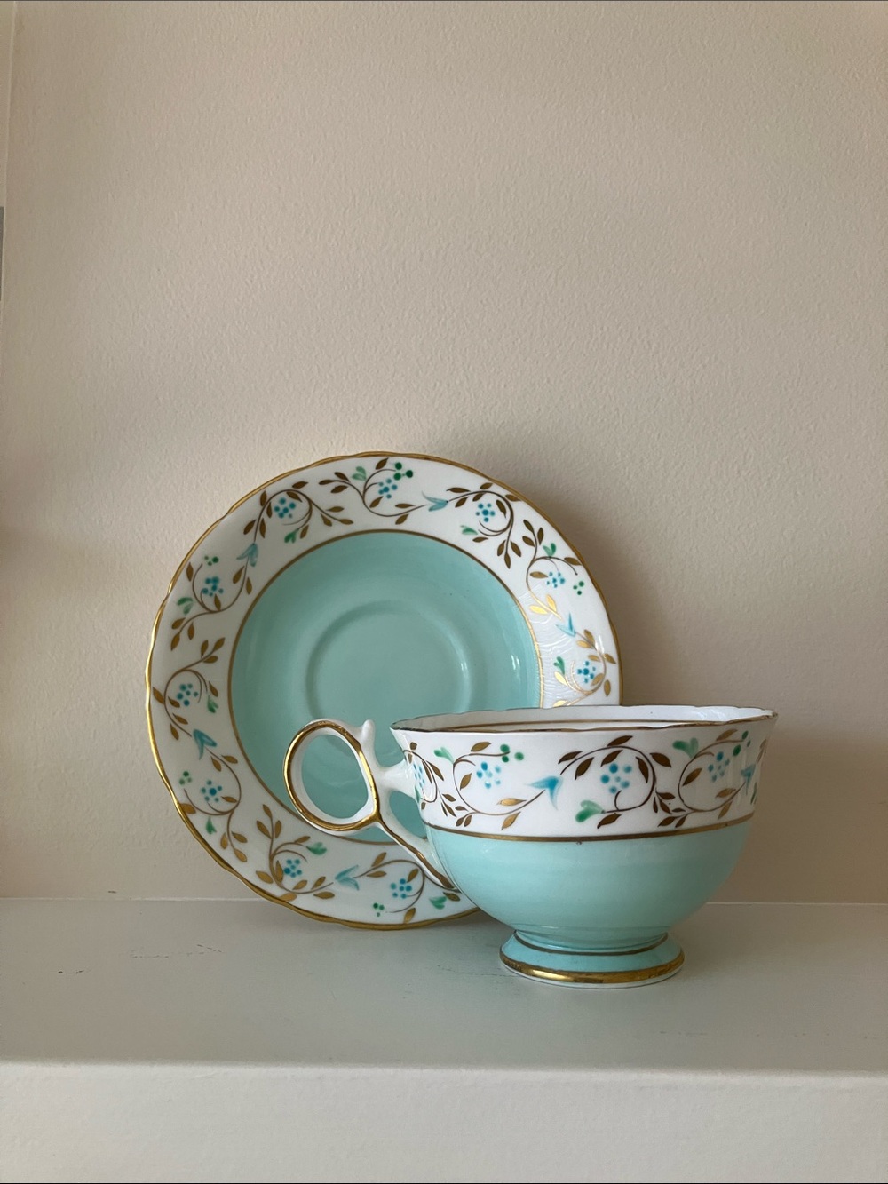 Vintage Delphine bone china Teacup & Saucer,  Floral with blue base, Gilt edged